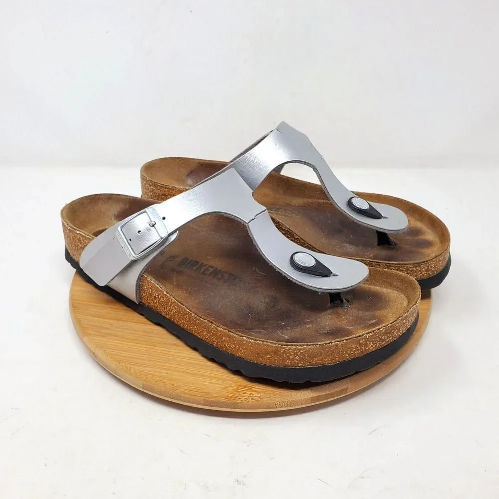 Birkenstock Gizeh Sandals 38‎ Womens 7 Silver Thong Buckle Strap Cracked Straps
